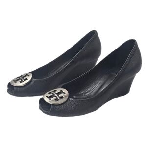 Tory Burch Sally 2 Black Leather Peep Toe Wedge Heels Womens Size 8 Silver Logo